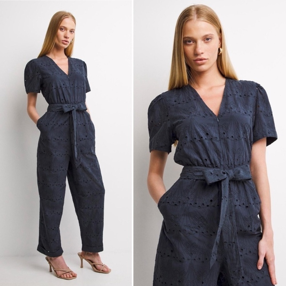 Whistles Zoe Broderie Jumpsuit Eyelet Self Tie Straight Leg Navy Blue Sz 2 NWT